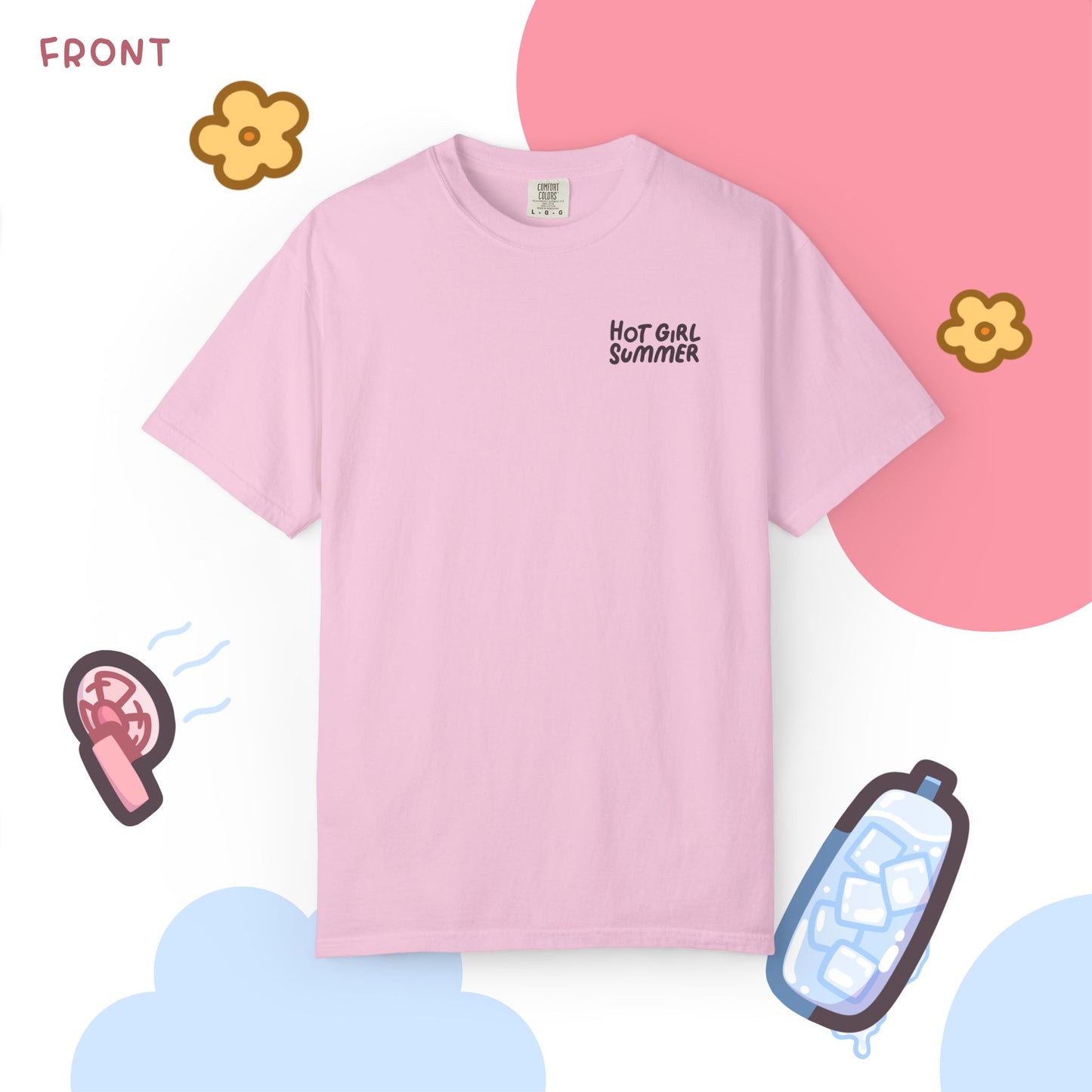 Pink t-shirt with 'Hot Girl Summer' text on a colorful background