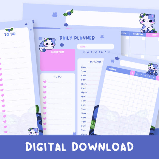 Blueberry Cat Planner Stationery Bundle Digital Download (7 templates)