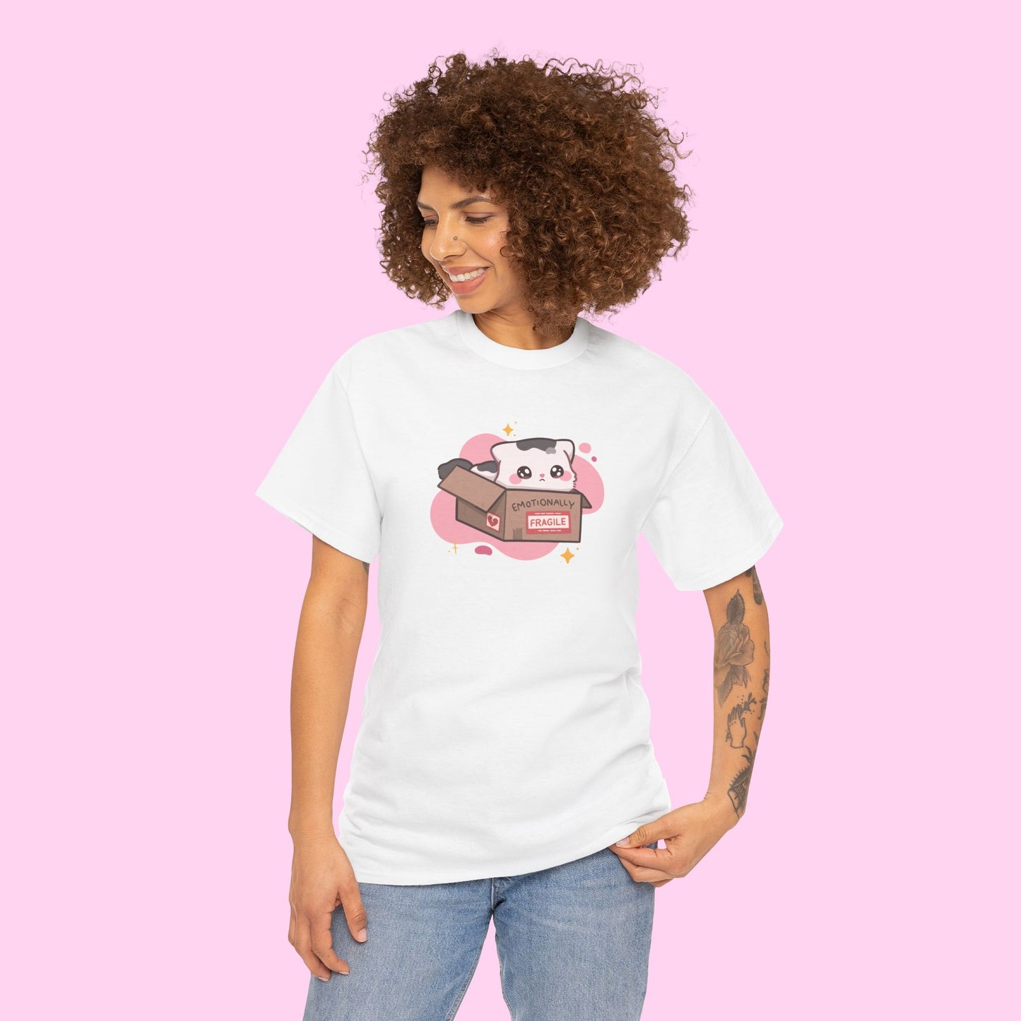 Emotionally Fragile Unisex Heavy Cotton Tee | Cute Kitty in a Box