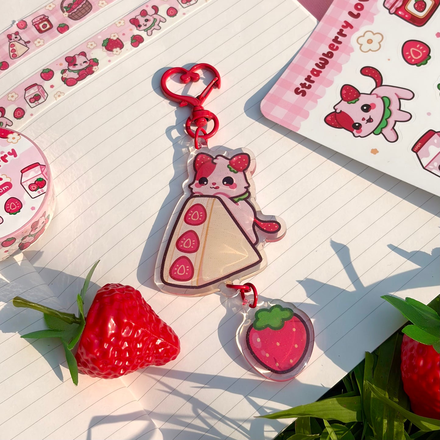 Strawberry FruitKitty Glitter Dangle Acrylic Keychain