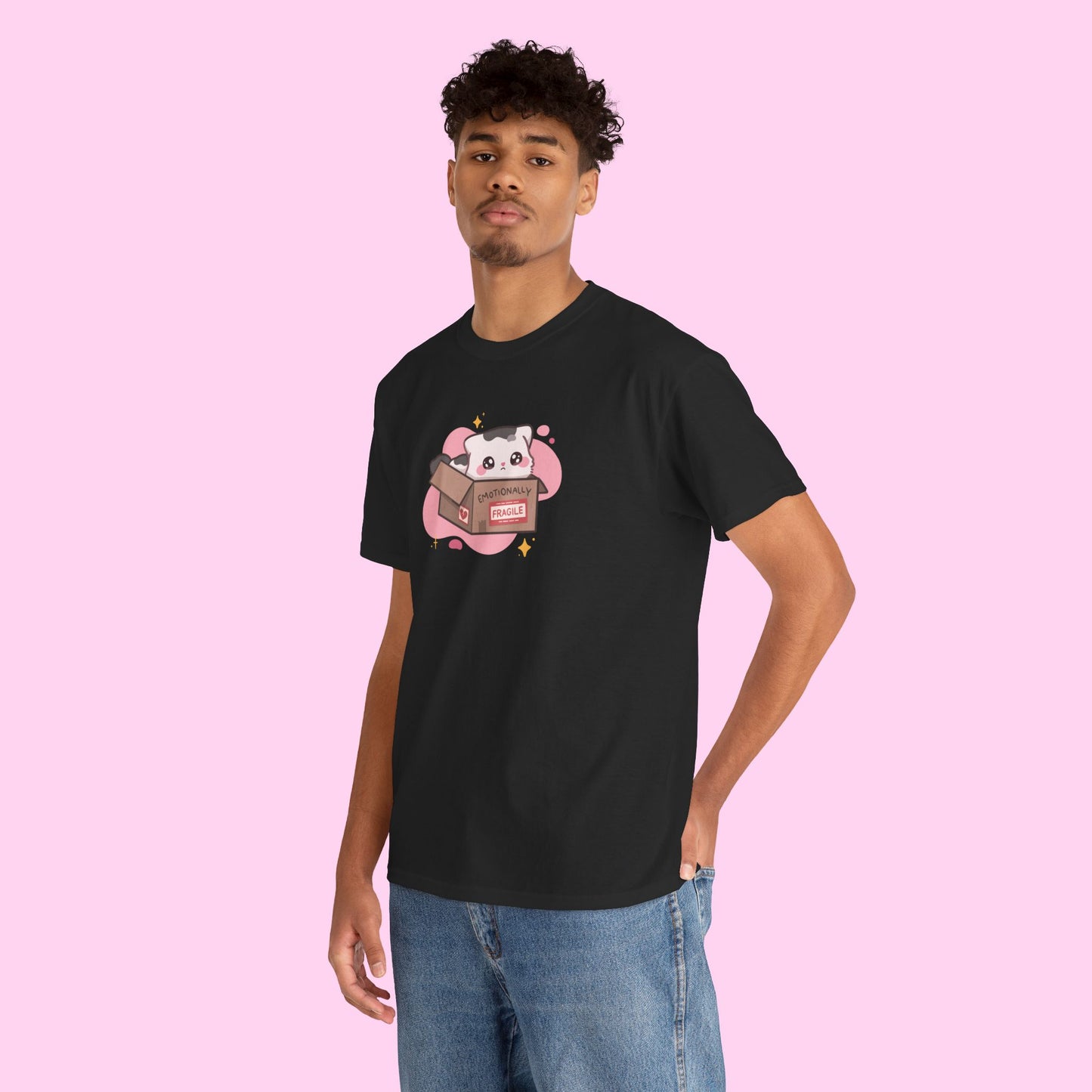 Emotionally Fragile Unisex Heavy Cotton Tee | Cute Kitty in a Box