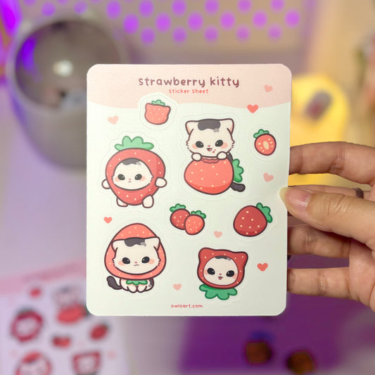 Strawberry Kitty Waterproof Sticker Sheet