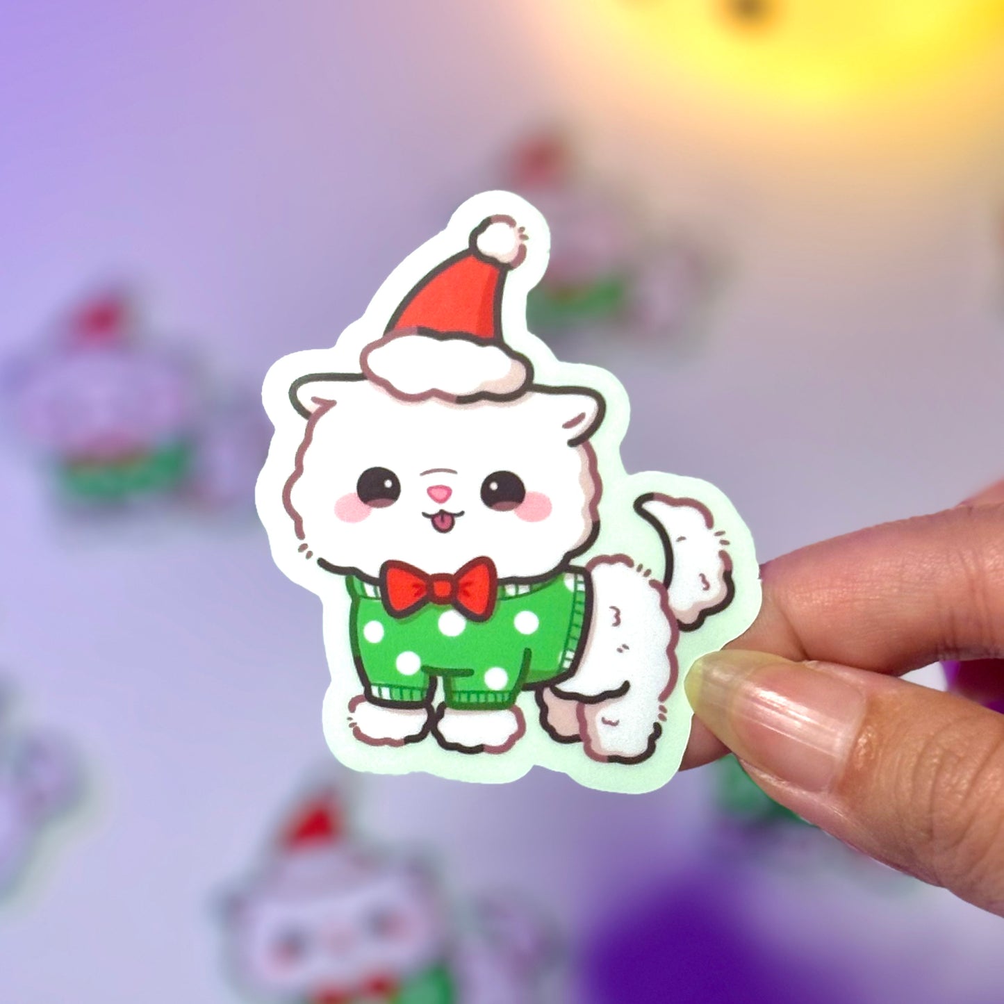 Fluffy Puppy in Holiday Sweater Waterproof Sticker