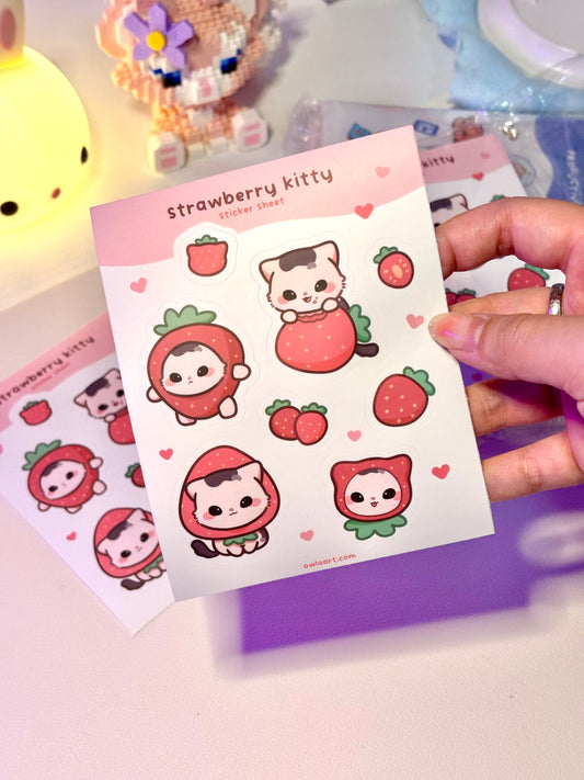 Strawberry Kitty Waterproof Sticker Sheet