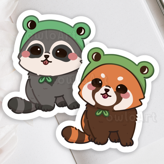 Frog Hat Raccoon and Red Panda Sticker