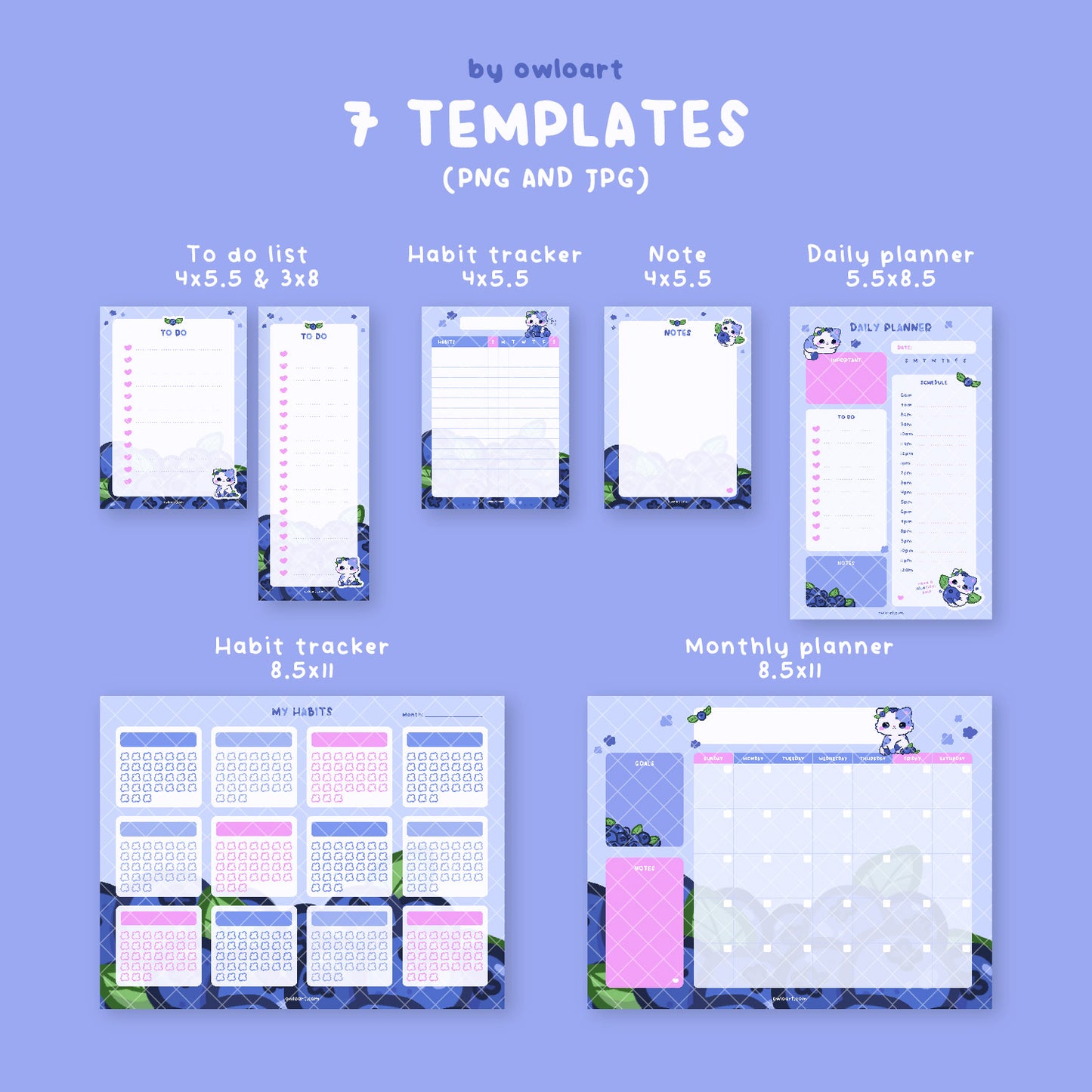 Blueberry Cat Planner Digital Download (7 templates)