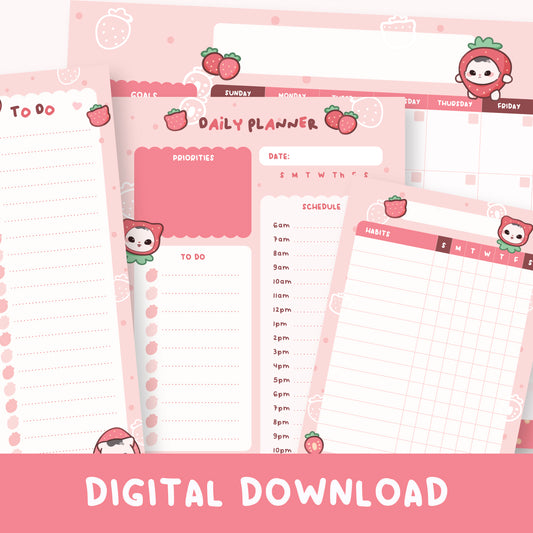 Strawberry Kitty Planner Stationery Bundle Digital Download (7 templates)