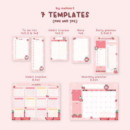 Strawberry Kitty Planner Stationery Bundle Digital Download (7 templates)