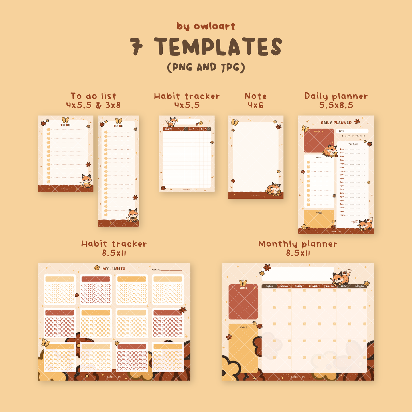 Autumn Fox Planner Stationery Bundle Digital Download (7 templates)